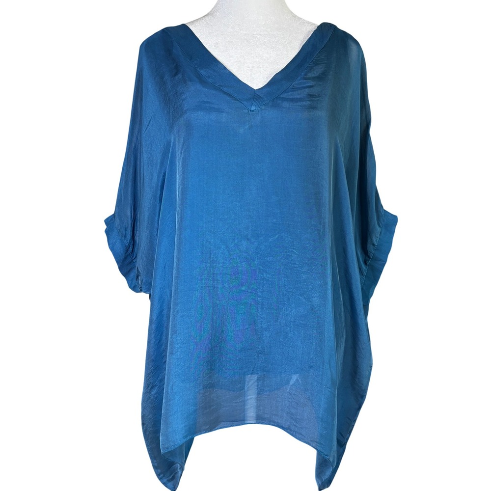 Meo Meli Lagonlook Italy Royal‎ Blue Silk Blend V-Neck Caftan Tunic Top One Size